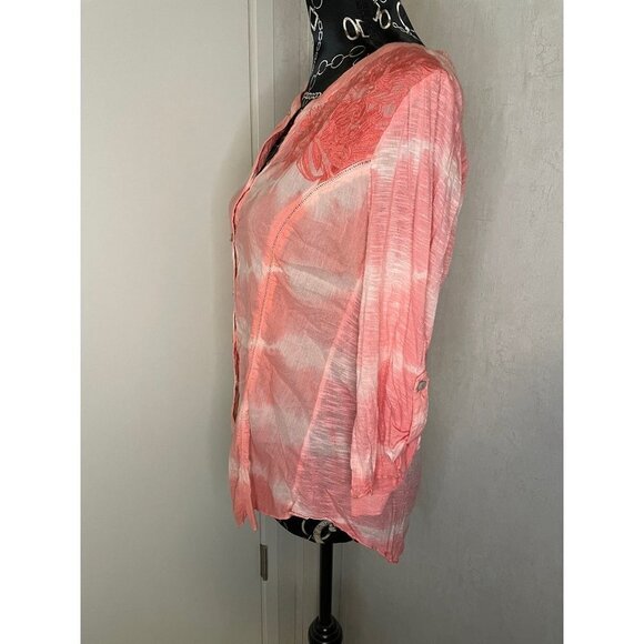 VINTAGE AMERICA BLUES 3/4 SLEEVE CORAL TYE DYE BUTTON UP EMBROIDERY MEDIUM - Picture 3 of 5